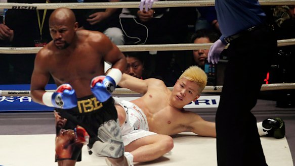 Brutal: Floyd Mayweather proved far too strong for Japanese kickboxer Tenshin Nasukawa.