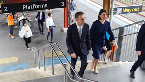 Transport Minister Andrew Constance and Premier Gladys Berejiklian at Sydenham station on Wednesday.