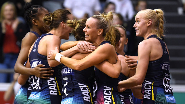 Melbourne Vixens celebrate their knock-out semi-final win over arch rivals Collingwood Magpies last weekend.