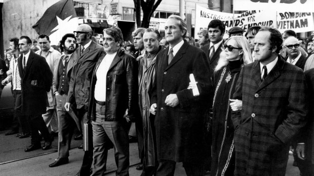 Front row of the giant anti-Vietnam War moratorium march in Melbourne, on May 8, 1970.  Jean McLean is second from right, flanked by politicians Clyde Holding, right,  and Tom Uren left.