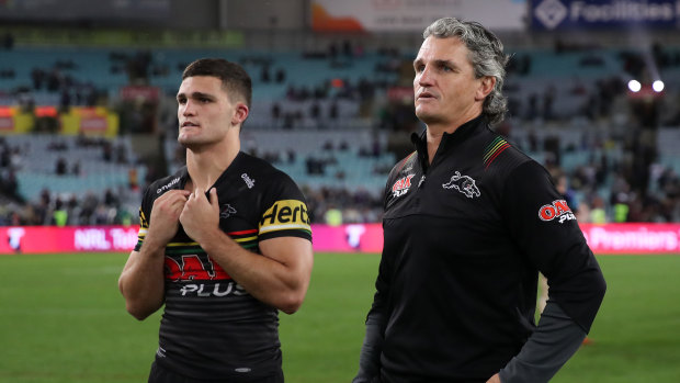 Nathan Cleary with his father Ivan after last year’s grand final loss to Melbourne.