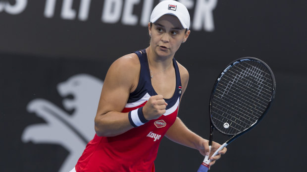 Ace: Ash Barty used her powerful serve to prevail over Belgium's Elise Mertens.