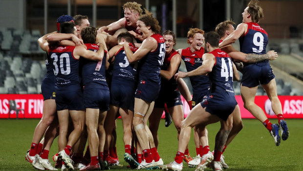 The Demons celebrate taking out the minor premiership at Geelong.