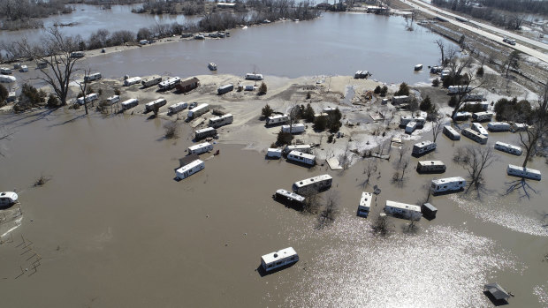 Flooding near the Platte River in Plattsmouth, Nebraska. The National Weather Service is warning that flooding in parts of South Dakota and northern Iowa could soon reach historic levels.