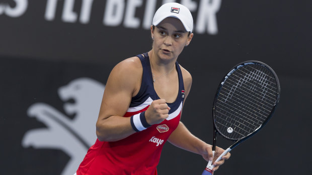 Ace: Ash Barty used her powerful serve to prevail over Belgium's Elise Mertens in the Sydney International quarter finals.
