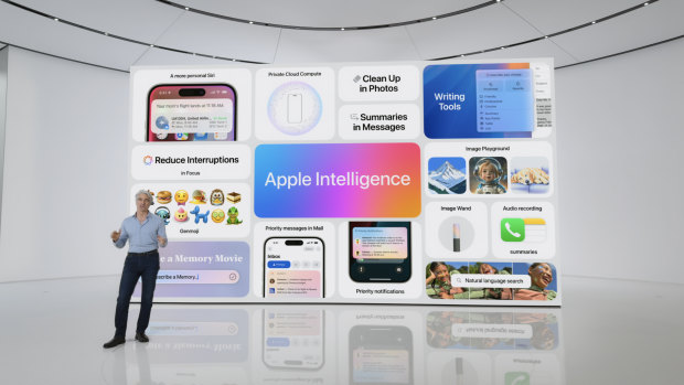 Craig Federighi, senior vice president of software engineering at Apple, shows off Apple AI.