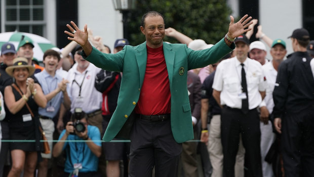Tiger Woods celebrates after winning the Masters golf tournament.