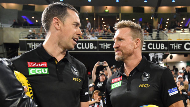 Tactical triumph: Nick Maxwell and Collingwood coach Nathan Buckley after the round 5 win over Brisbane in front of a sellout crowd at the Gabba.