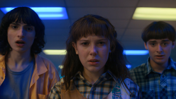 Finn Wolfhard, Millie Bobby Brown and Noah Schnapp in season 4 of Stranger Things.