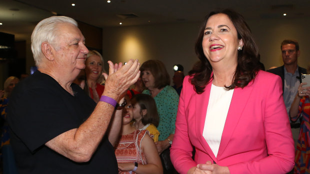 Queensland Premier Annastacia Palaszczuk is applauded by her father, Labor stalwart Henry, as she wins a third term in office.