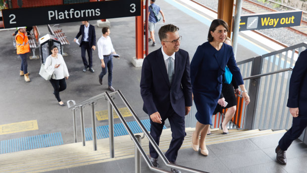 Transport Minister Andrew Constance and Premier Gladys Berejiklian at Sydenham station on Wednesday.