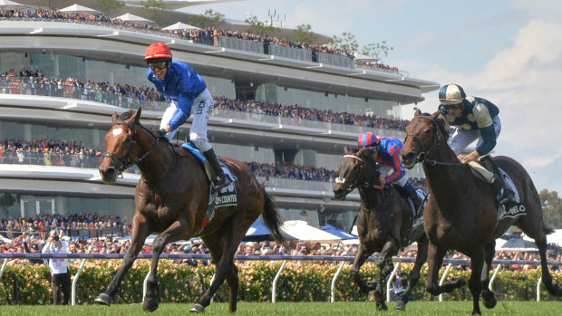 Kerrin McEvoy passes the finishing post aboard Cross Counter.