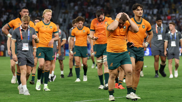 The Wallabies were dejected after losing to Fiji in Saint-Etienne.