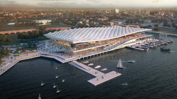 An artist's impression of the new Sydney Fish Market building at the head of Blackwattle Bay.
