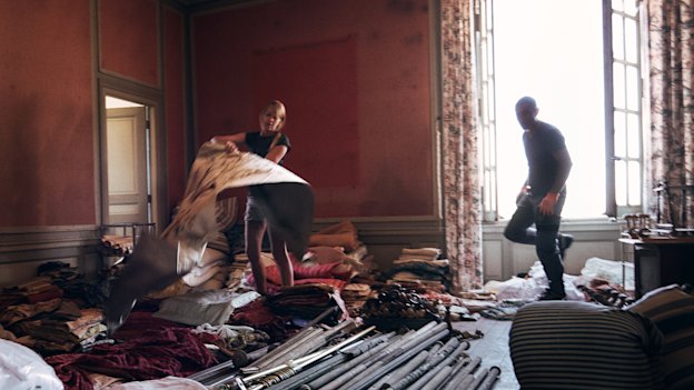 A first-floor bedroom used to store fabrics, including many of the building’s curtains.  