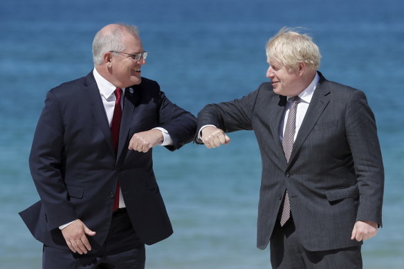 Prime Minister Scott Morrison and British Prime Minister Boris Johnson in Cornwall for the G7 summit.