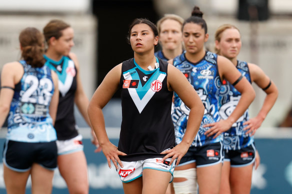 The Power’s Hannah Ewings after the clash between Carlton and Port Adelaide ended in a draw on Sunday.