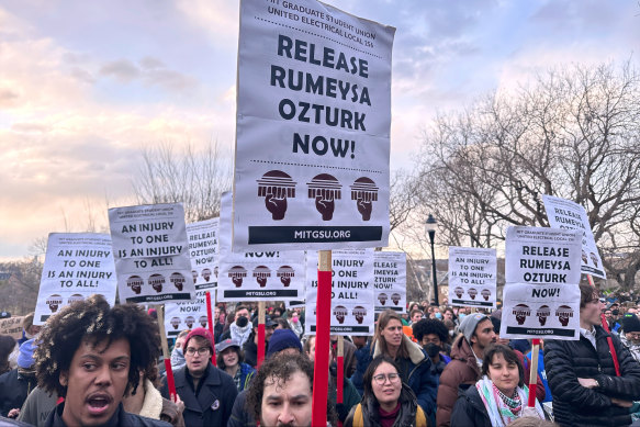 Hundreds of people gather in Somerville to demand the release of Rumeysa Ozturk