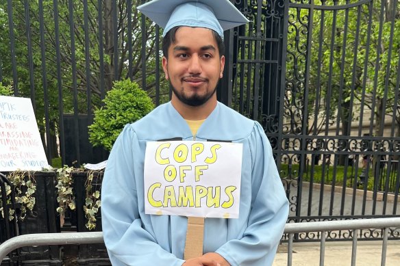 Columbia student Suleyman Ahmed in his graduation robe at the university in New York on Thursday.