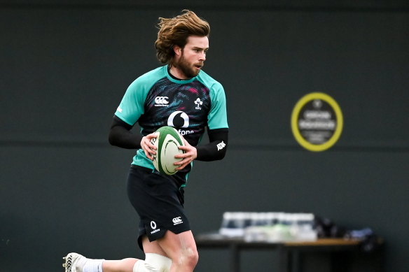 Mack Hansen training with Ireland ahead of his Test debut.