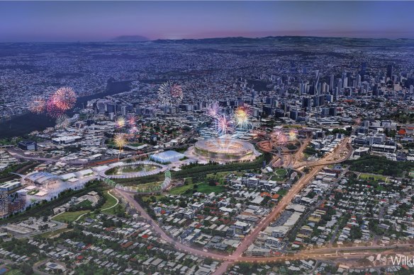 Artists’ impression of Wilkinson Eyre’s proposal for an Olympic stadium at the Mayne rail stabling yards.