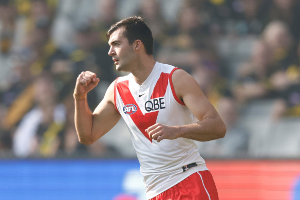 Logan McDonald celebrates a goal.