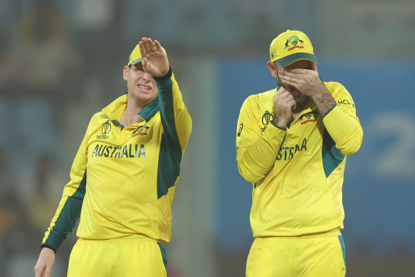 Glenn Maxwell and Steve Smith cover their faces to protect themselves from the dust whipped up by a windstorm.