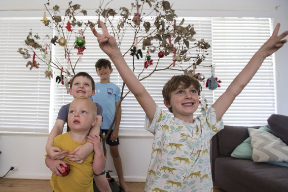 Jessica Beaton's sons, George, 8, Hamish, 6, Louis, 4, Jude, 18 months, play by the "Christmas branch".