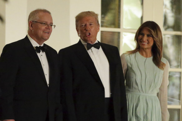 Scott Morrison with President Donald Trump and Melania Trump at a state dinner in 2019. 
