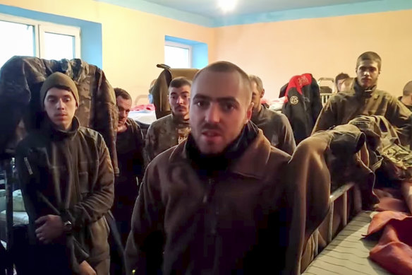 Ukrainian soldiers in a Russian penal colony, in a still from a video released by the Russian Defence Ministry. 