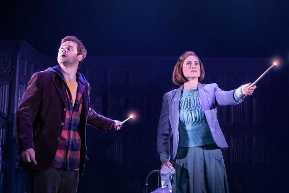 Grantley as Ron Weasley with Lucy Goleby as Ginny Potter in Harry Potter and the Cursed Child. 

