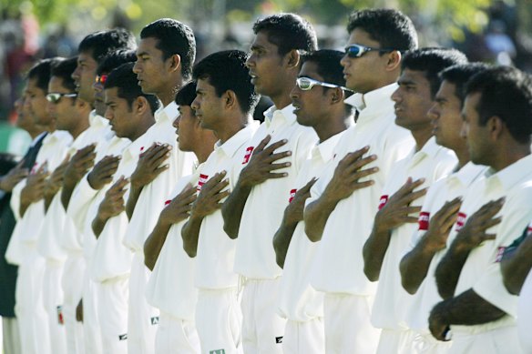 The Bangladesh team sing their national anthem before their Test match against Australia in Darwin in 2003. 