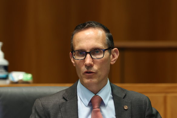 Committee deputy chair Andrew Leigh questions the governor of the Reserve Bank of Australia during an appearance before the Standing Committee on Economics at Parliament House in Canberra on February 5.