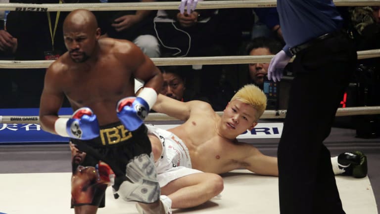 Brutal: Floyd Mayweather proved far too strong for Japanese kickboxer Tenshin Nasukawa.