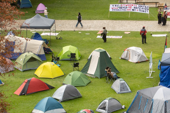 The Melbourne University student encampment for Gaza on Tuesday.