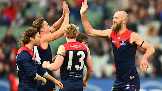 Max Gawn is all smiles after scoring in Melbourne’s win over Geelong.