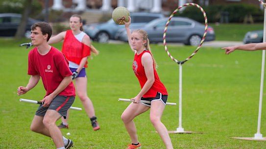 University of Maryland quidditch team member Heather Farnan, centre, stands on defence with a bludger during training for the sport previously known as quidditch.