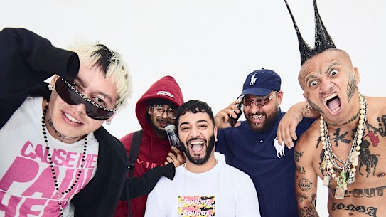 Sydney-based rap collective Lonely Souljaz are taking over: (from left) Shotta, 4orttune, DON!, Jords and lil golo.