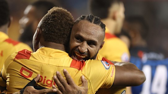 Justin Olam of Papua New Guinea celebrates during the Men’s International Test Match between Papua New Guinea and Fiji.