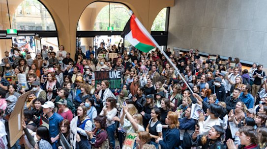 Students protest over the war in Gaza at the University of Melbourne on May 3.
