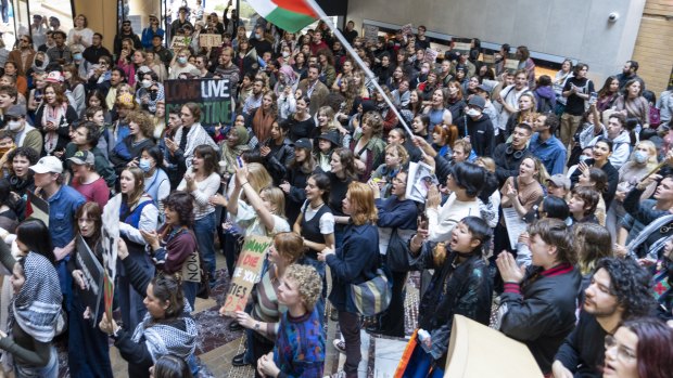 Hundreds of students occupied a building at the University of Melbourne protesting the war in Gaza on May 3.