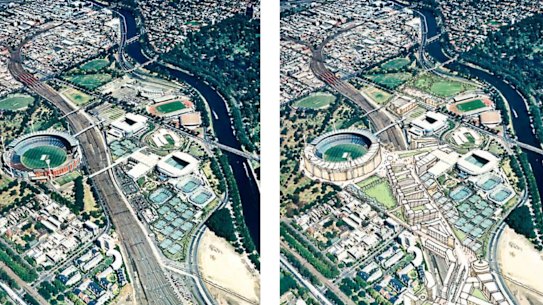 Drawings devised for a 2001 project called ‘the Yarra Plan’ which promoted the idea of building over the railway lines to patch the Melbourne and Olympic Park precinct up with the city.