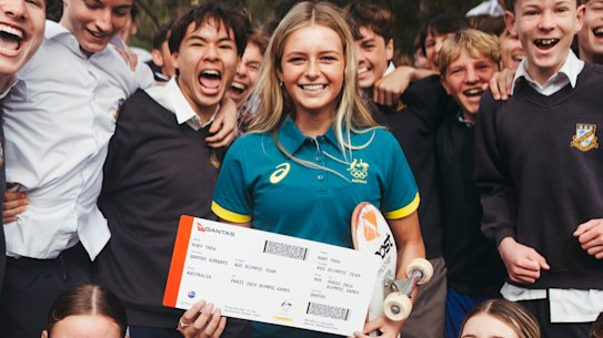 Ruby Trew, 15, is farewelled by her classmates as she departs for Paris. 
