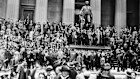 Anxious crowds on Wall Street on Black Thursday – October 24, 1929. That crash triggered the start of a two-month slide in which the sharemarket fell by $US50 billion.