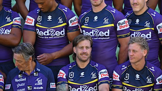 Melbourne Storm star Cam Munster (bottom middle) during the team photo on Wednesday.
