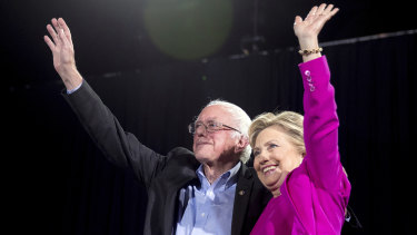2016 Democratic presidential candidate Hillary Clinton and Bernie Sanders at a November rally in North Carolina. 
