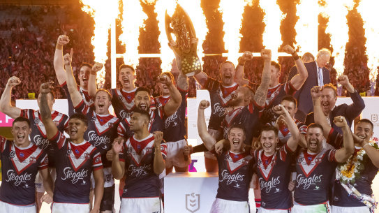 The Roosters celebrate winning the 2019 NRL grand final.