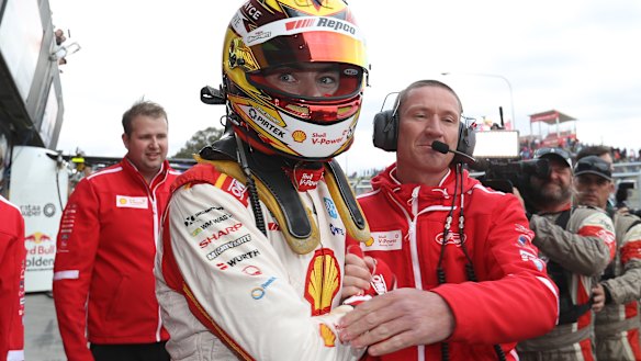 Scott McLaughlin celebrates after taking pole position during the Top 10 Shootout for the Bathurst 1000.