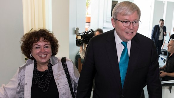 Former Prime Minister Kevin Rudd arrives with his wife Thérèse Rein for the launch of his new book at Parliament House.