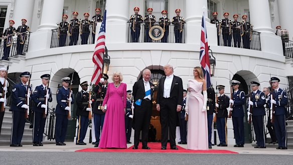 Trump and first lady Melania Trump greet King Charles and Queen Camilla outside the White House. 